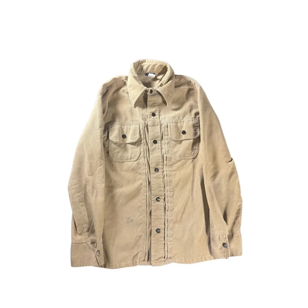 Vintage 70s Sears Jeans Joint Corduroy Shirt Tan Dagger Collar Mens Medium 961